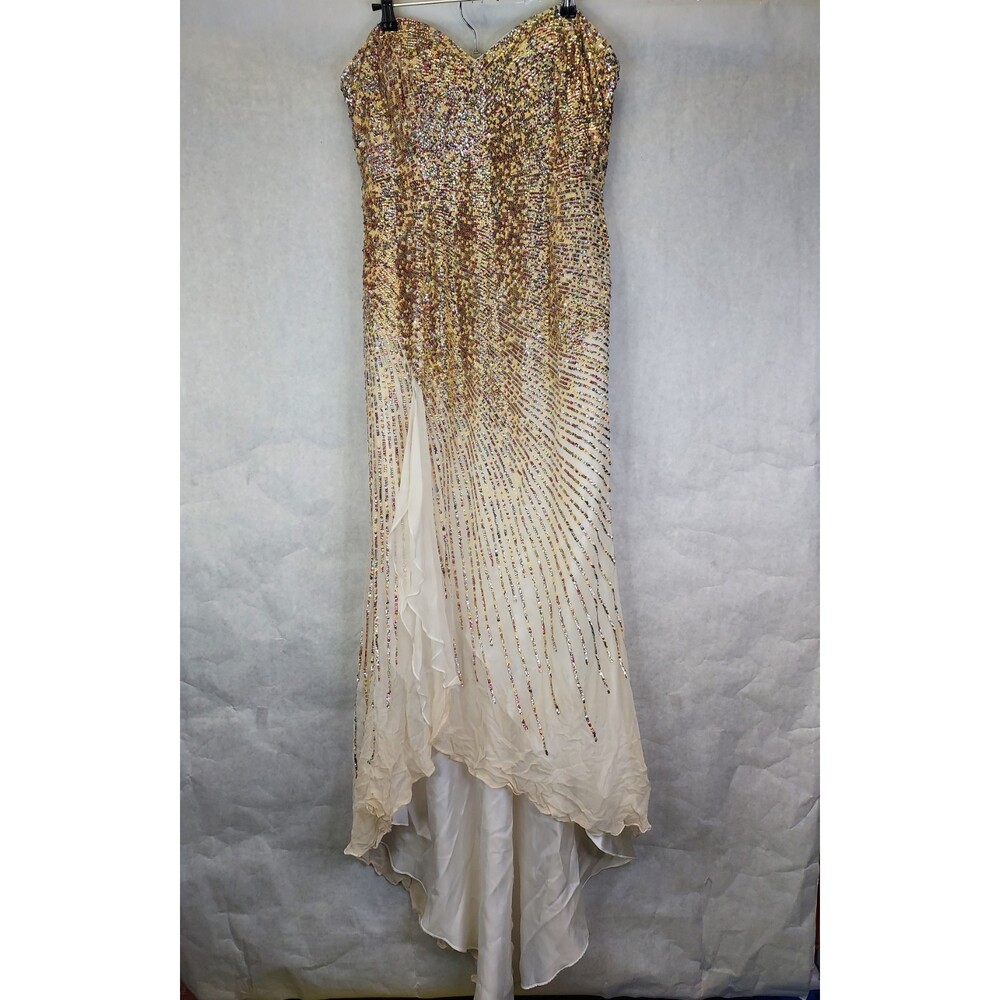 Terani Couture Strapless Silk Maxi Dress 14 Evening Gown Beach Wedding Sequin